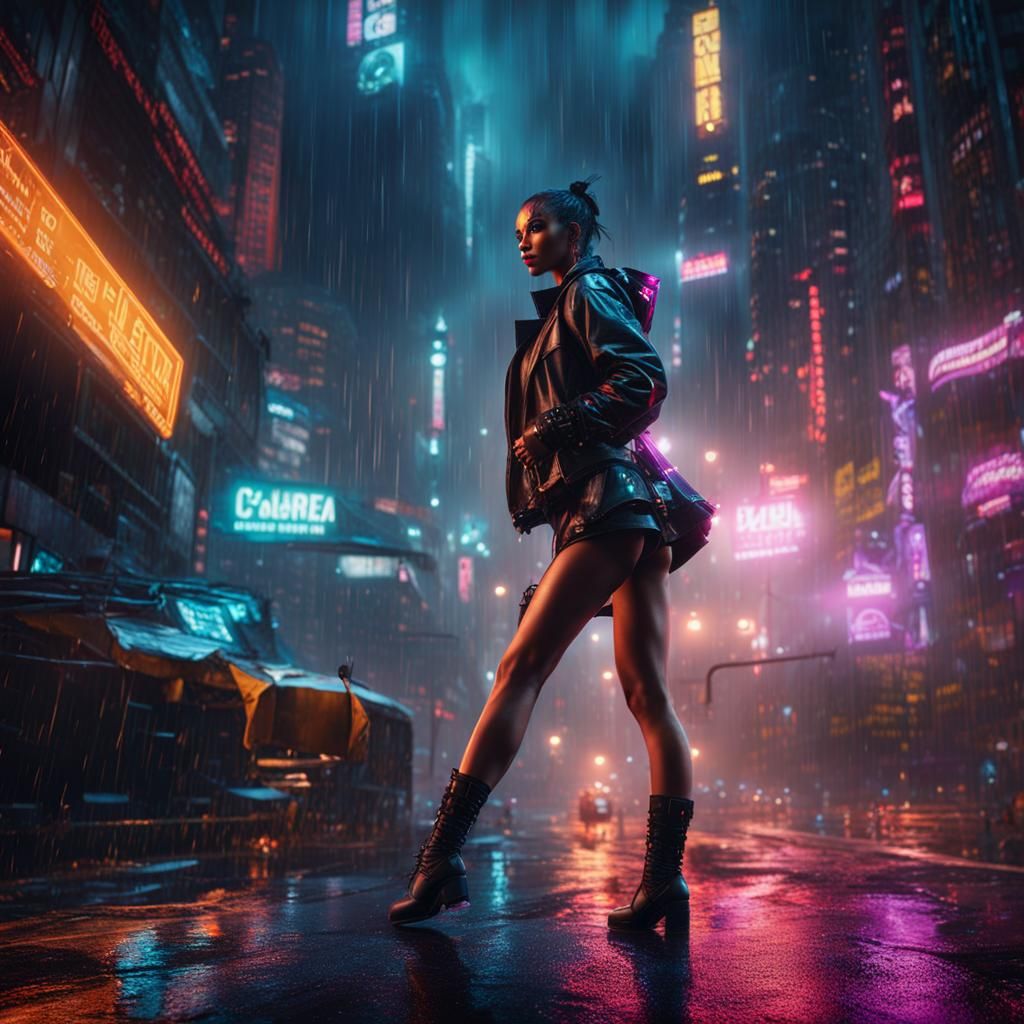 Cyberpunk Dancer in Rainy Cityscape