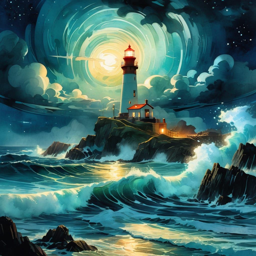 Stormy Seas: Lighthouse in Astral Watercolor Art