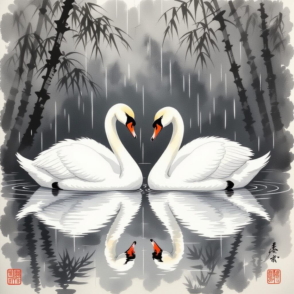 Swan Couple in Rain: Japanese Inksplash Art