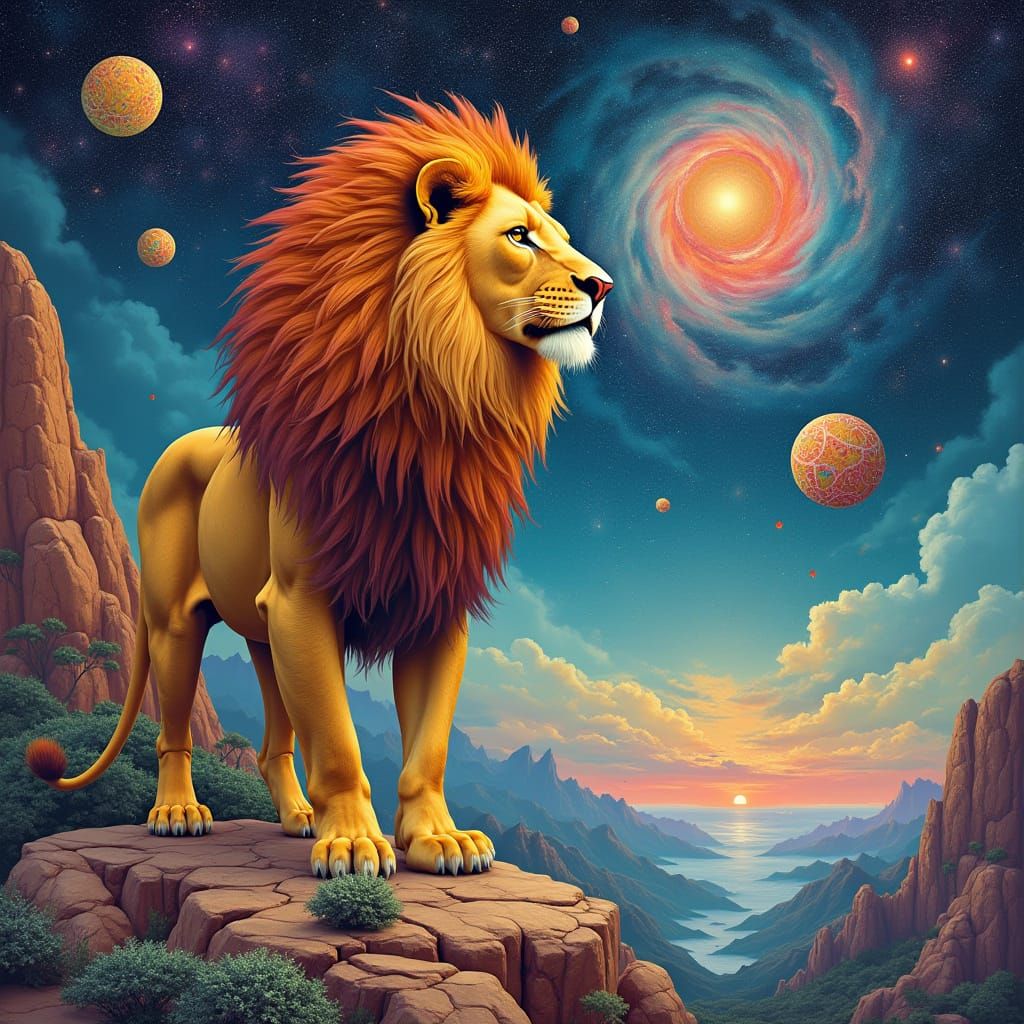 Fractal Lion Overlooking Surreal Geometric Landscape