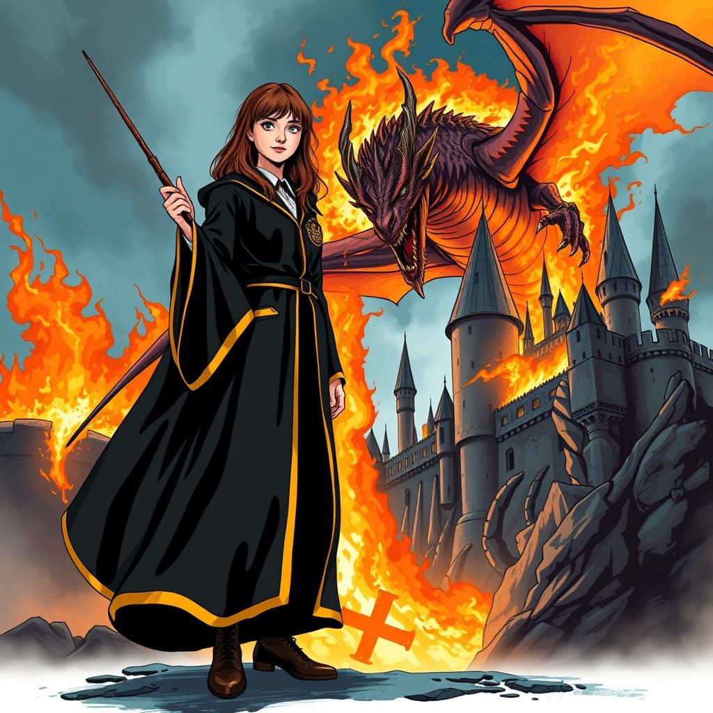 Confident Witch Tames Majestic Dragon in Epic Fantasy Scene