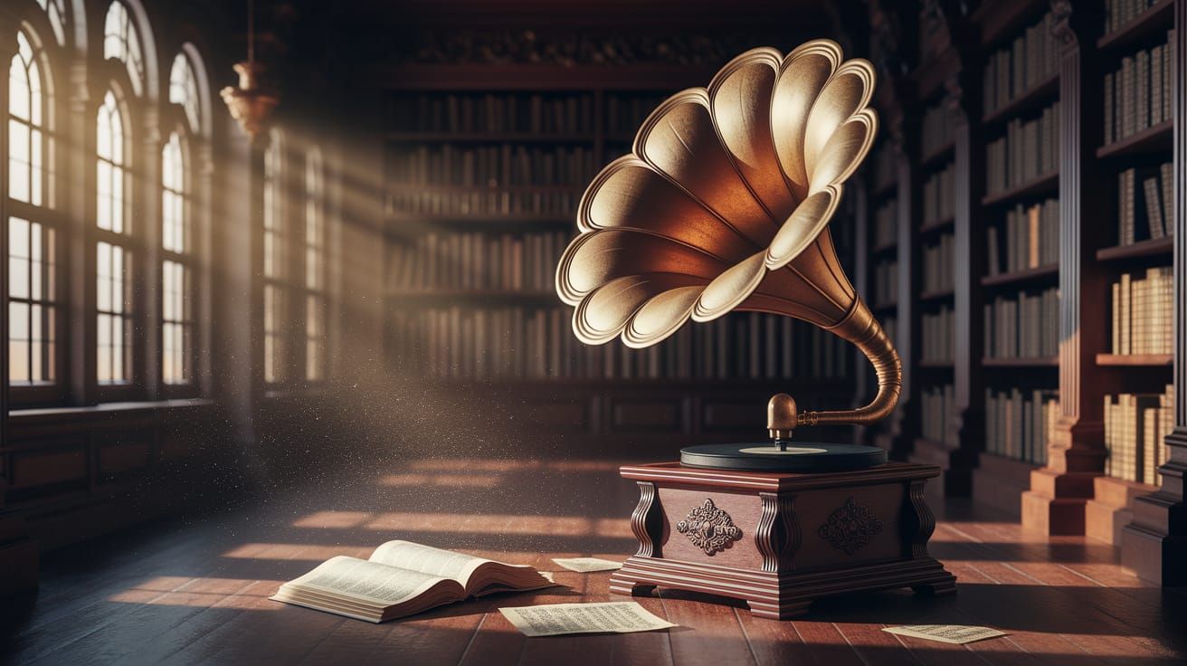Abandoned Gramophone in Sunlit Victorian Library