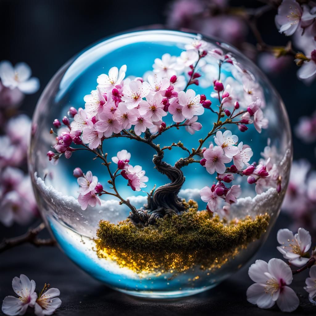 Cherry Blossoms in Glass Apple: Macro Fantasy Art