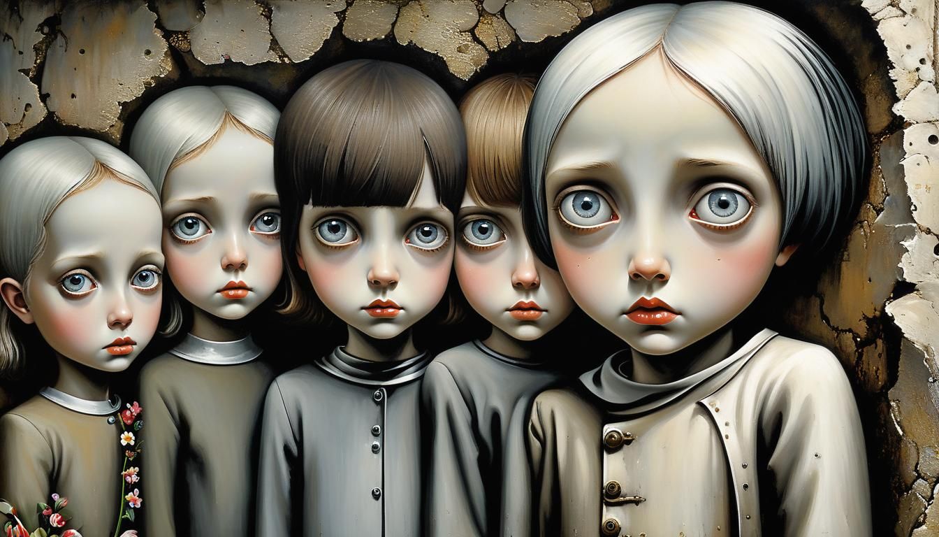 Surreal Children in Concrete Bunker: Impasto Oil Painting