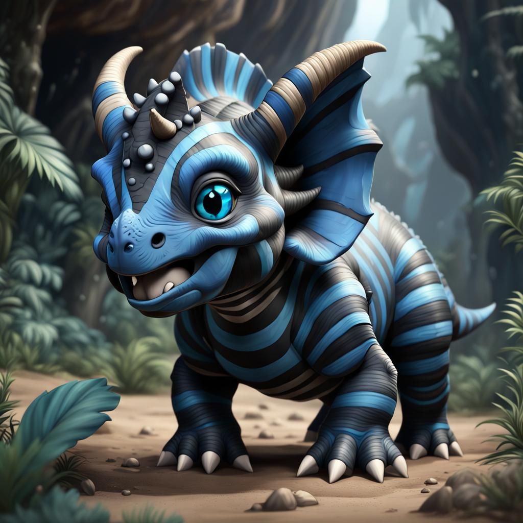 Chibi Striped Triceratops: Detailed Fantasy Art