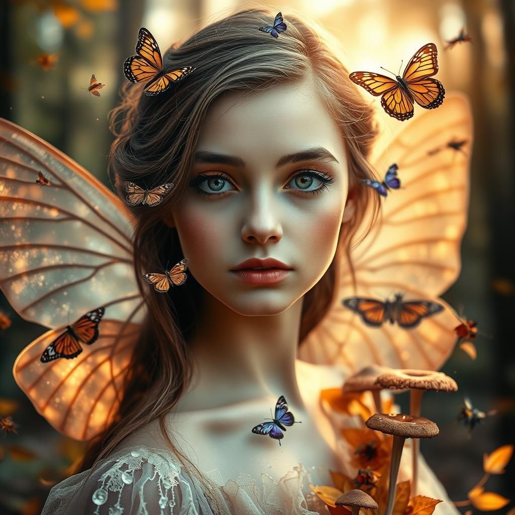 Ethereal Fairy in Autumn Forest: Hyperrealistic Double Expos...