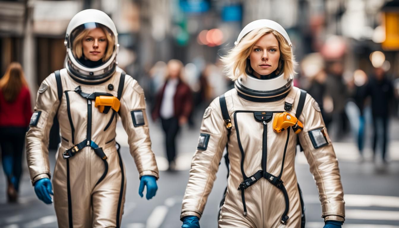 Ladies in Spacesuits Walking on Busy Street