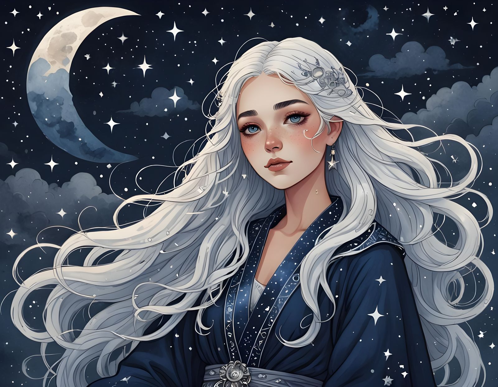 Mystical Lunar Enchantress in Dreamy Nightscape Art