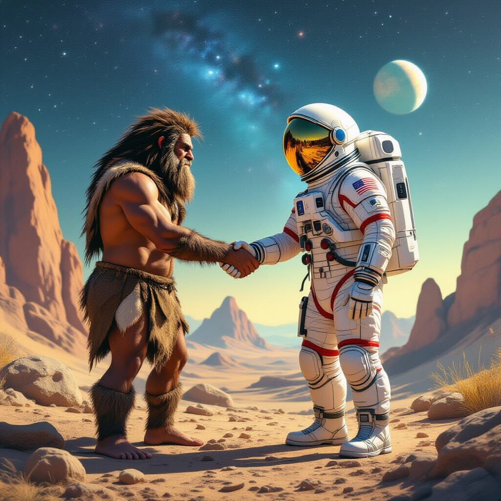 Caveman and Astronaut Shake Hands in Surreal Scene