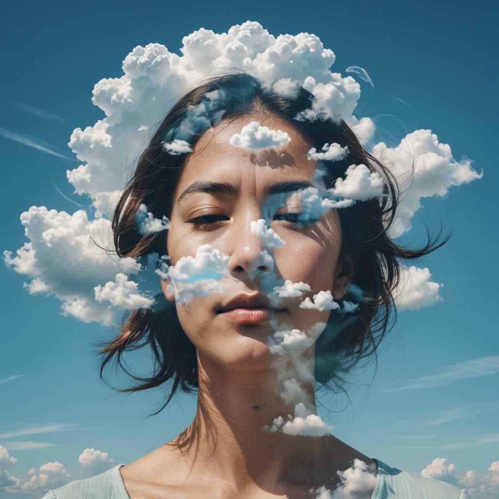 Double Exposure Portrait with Cloud and Blue Sky