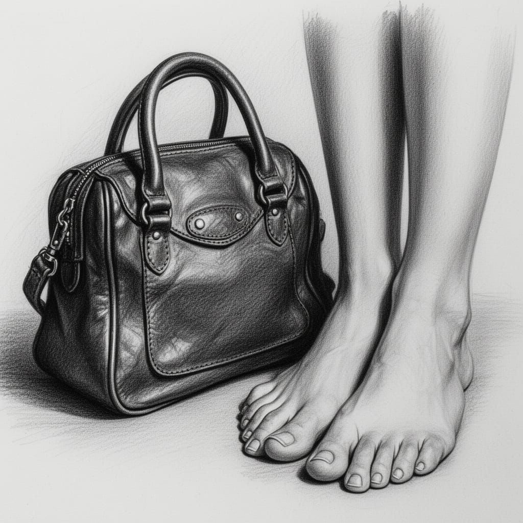 Hyperdetailed Charcoal Drawing of Leather Purse and Feet