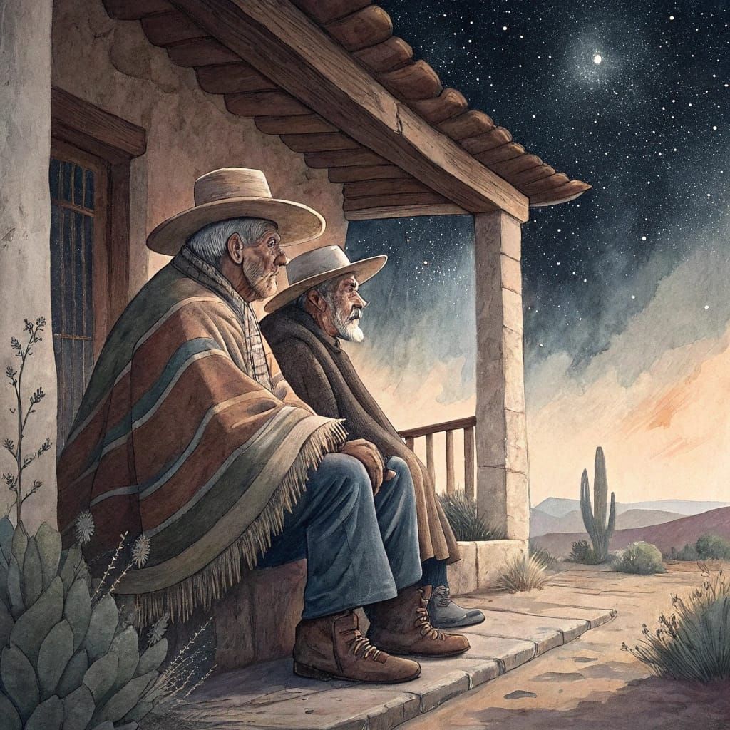Nostalgic Watercolor: Mexican Revolution Veterans Under Star...