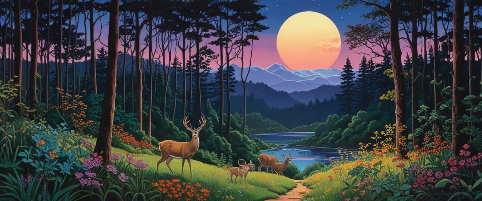 Magical Forest Scene with Deer Under Full Moon
