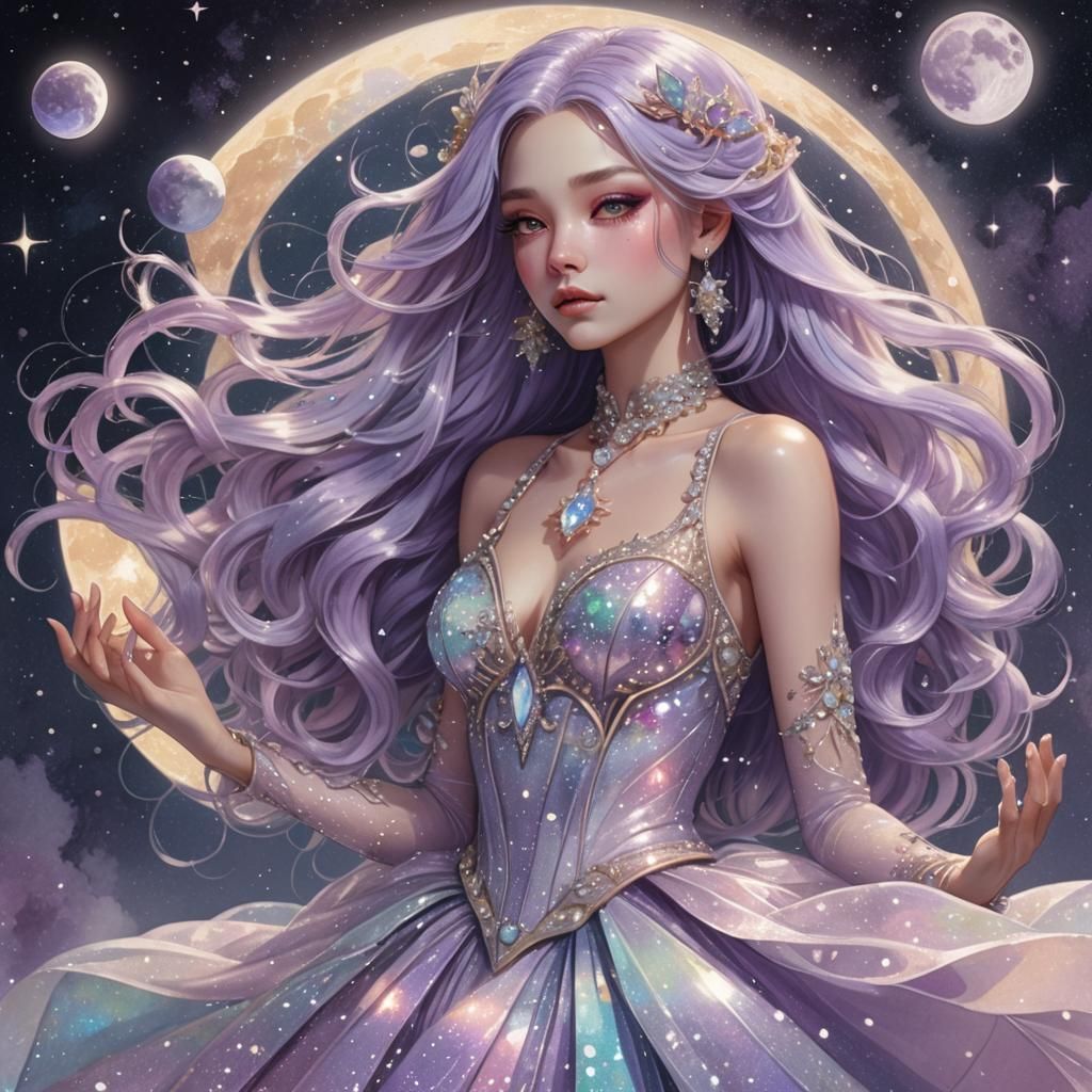 Celestial Woman Holding Moon in Anime Style