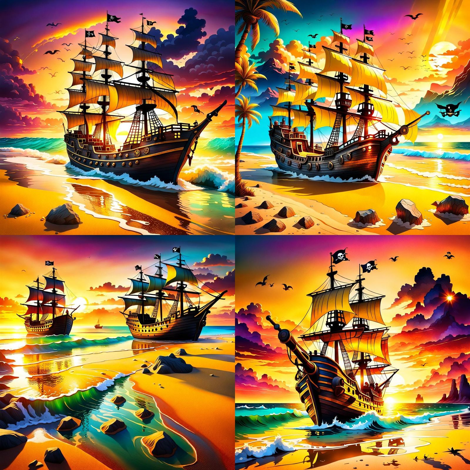 Pirate Ship on Surreal Yellow Sea at Sunset