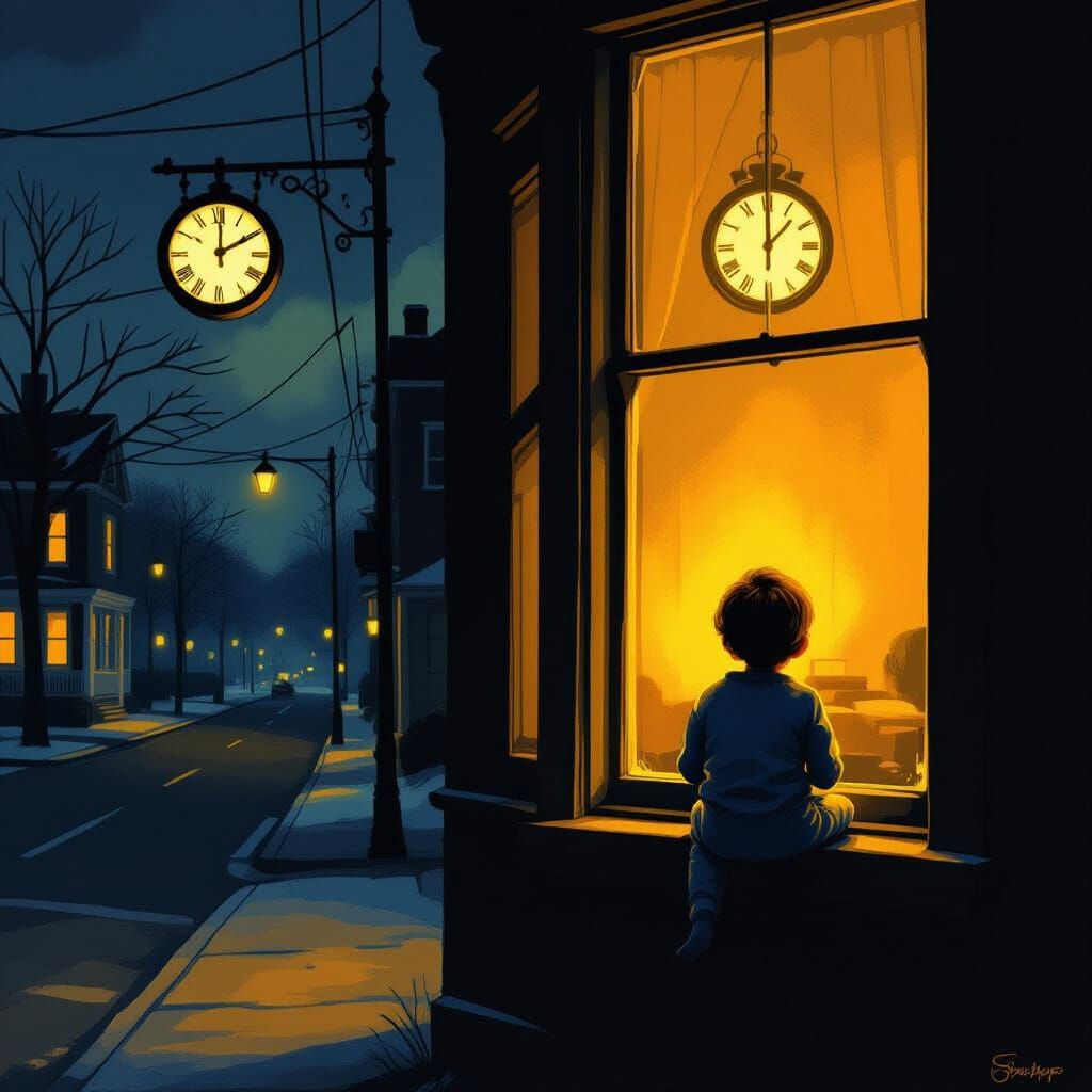 Town Frozen in Time, Child at Window, Hopper Style
