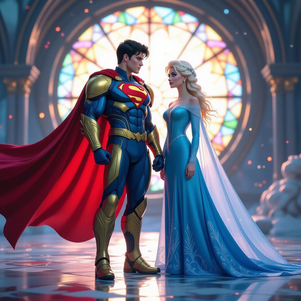 Superboy-Prime and Princess Elsa on Stained Glass Planet