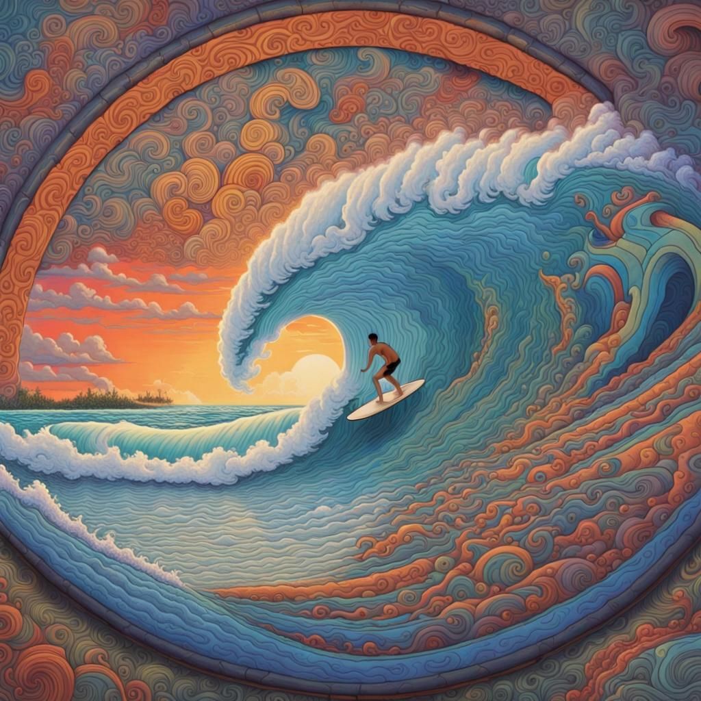 Surfers Ride Psychedelic Waves in Surreal Style