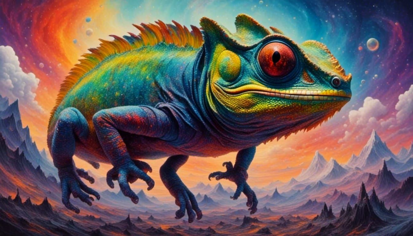 Karma Chameleon in Surreal Dreamscape, Oil on Canvas
