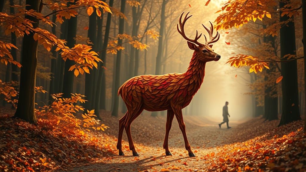 Leaf Deer in Autumn Forest, Ethereal Painterly Style