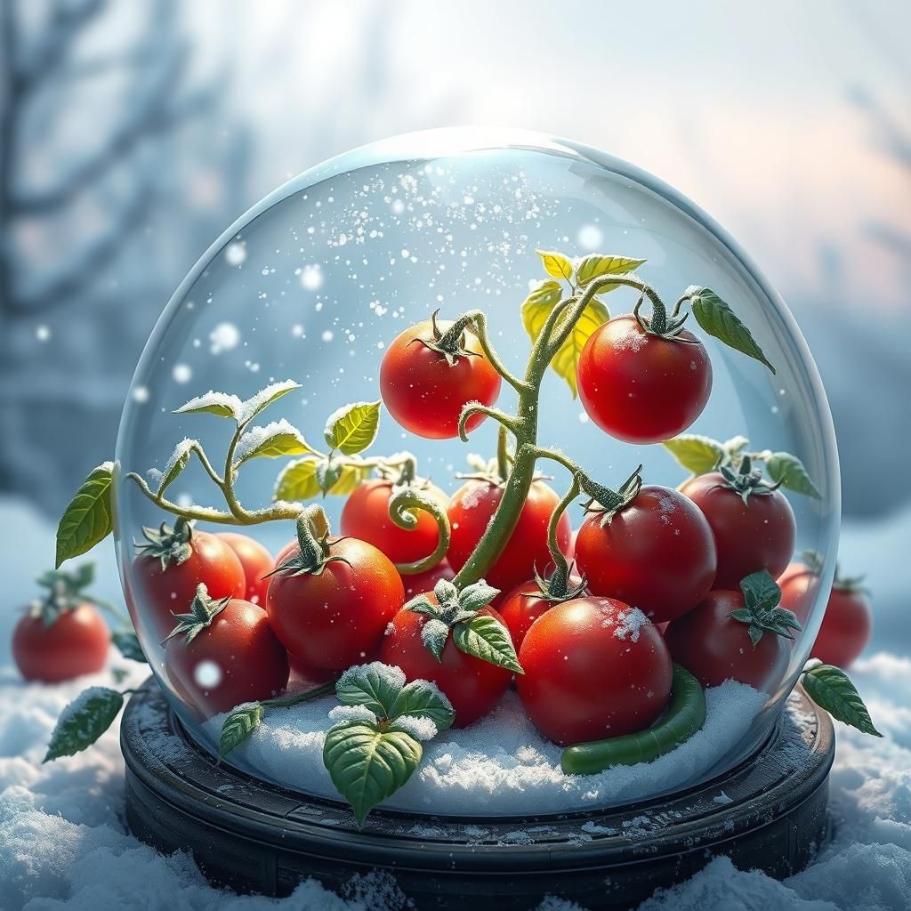 Whimsical Snow Globe: Tomatoes and Cucumbers, Matte Painting
