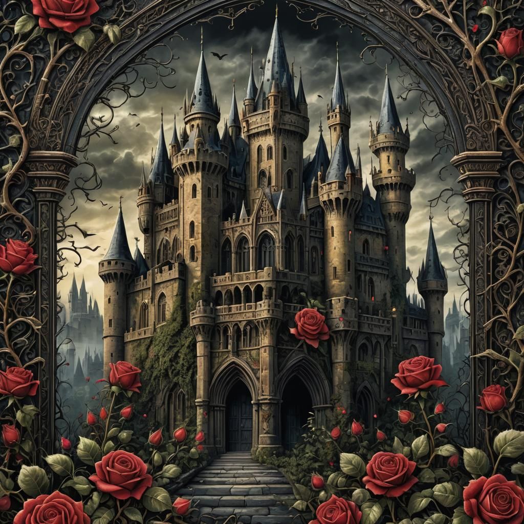 Dark Gothic Castle with Roses and Paisley Details