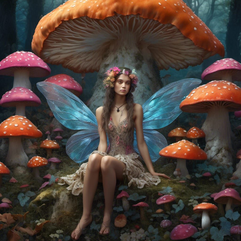Hyperrealistic Fairy in a Mushroom Garden