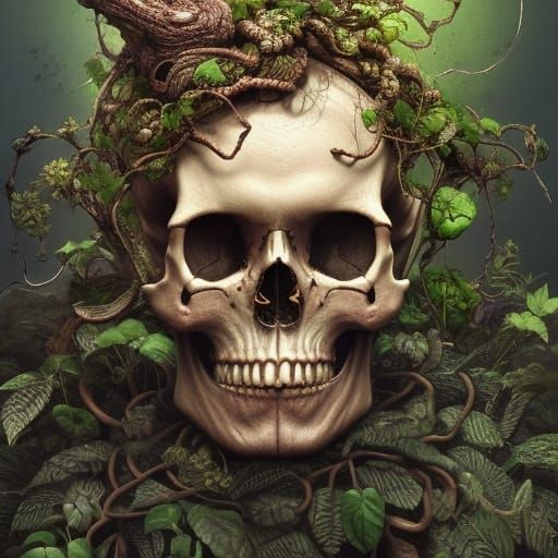 Detailed Skull Covered in Vines and Plants