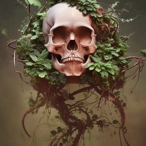 Detailed Skull with Vines and Plants