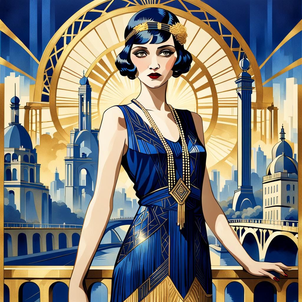 Art Deco Woman Overlooking Paris Skyline