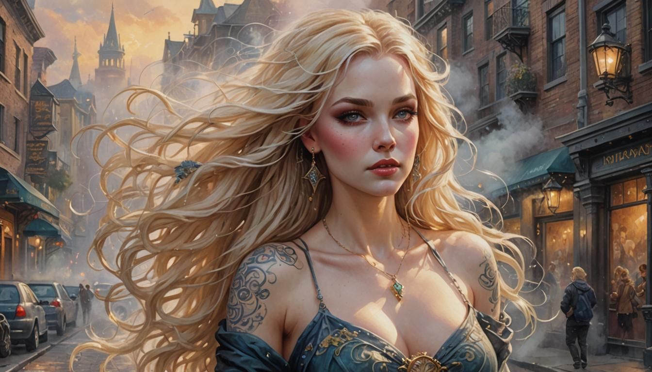 Female Necromancer in Urban Street, Watercolor Style