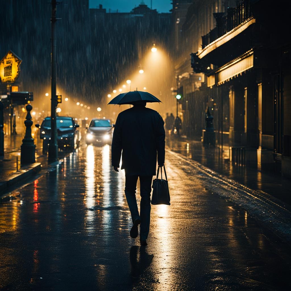 Man Walking in Rain at Night