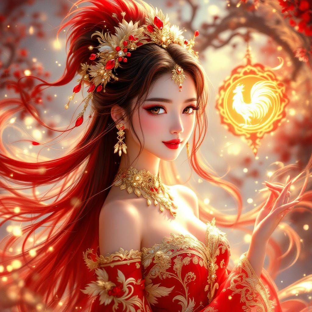 Ethereal Anime Woman: Rooster Zodiac Card in 3D