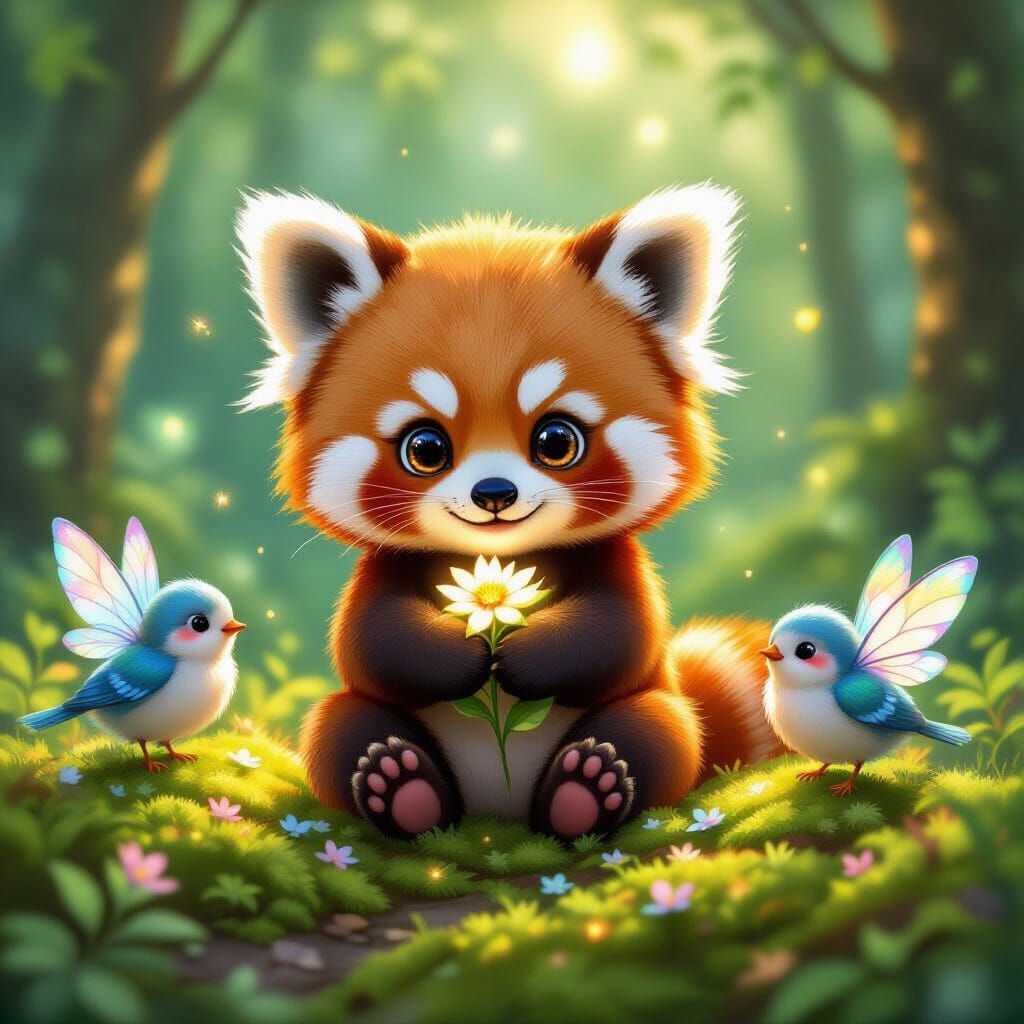 Enchanted Red Panda in Ghibli Forest