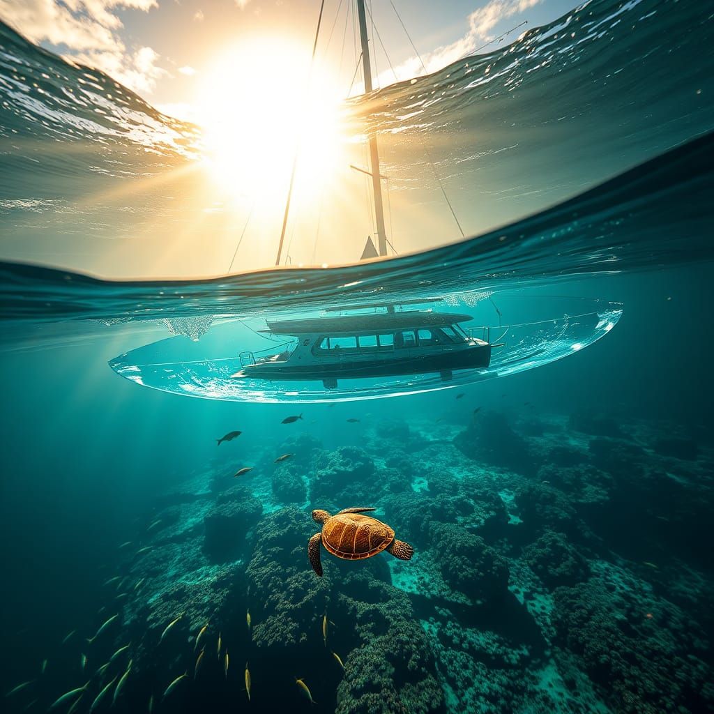 Modern Sailboat with Transparent Hull Reveals Ocean Life