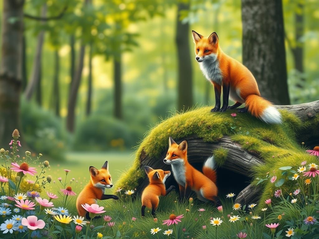 Whimsical Fox Family in Vibrant Forest