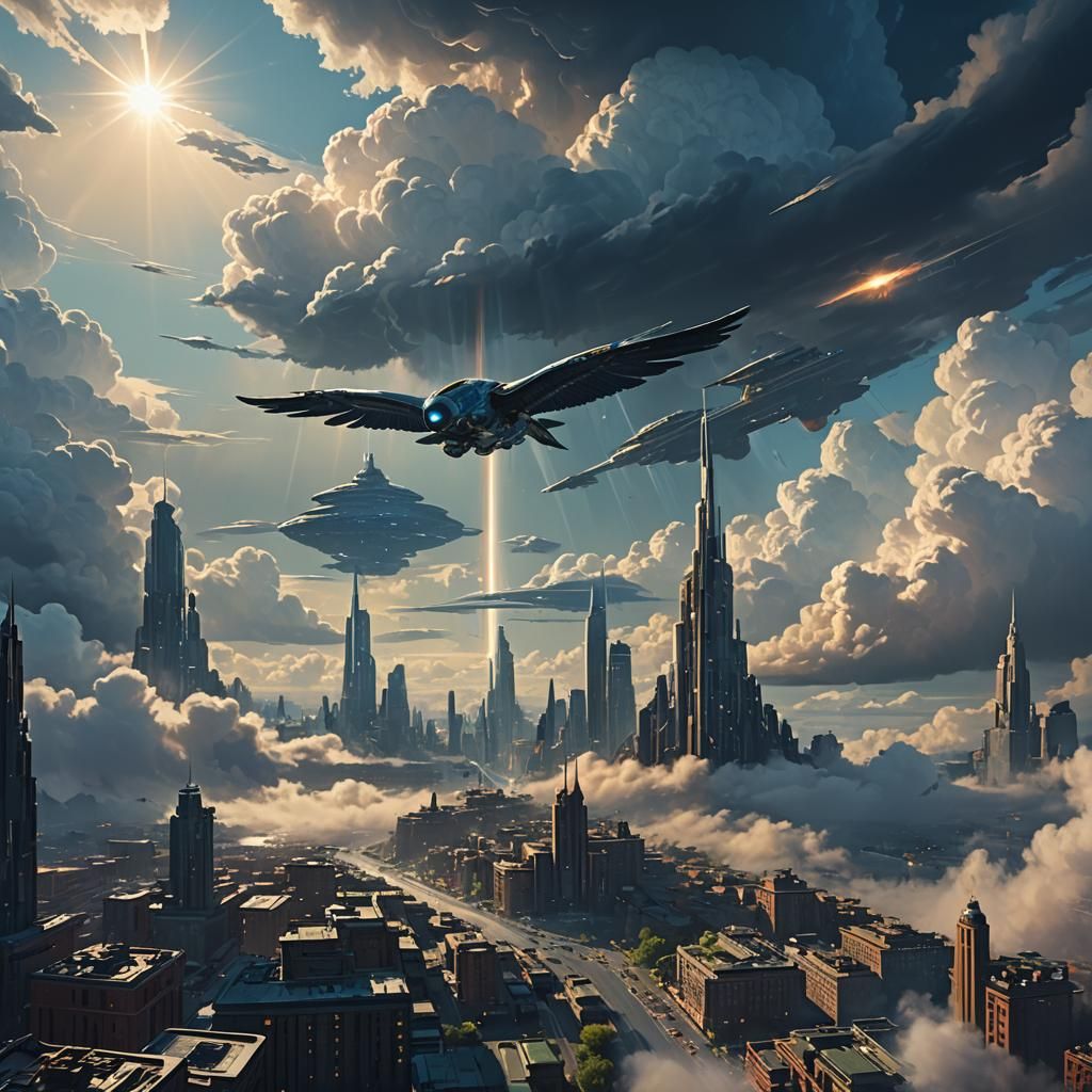 Atlantean Sky Deity Soaring Over Ancient City