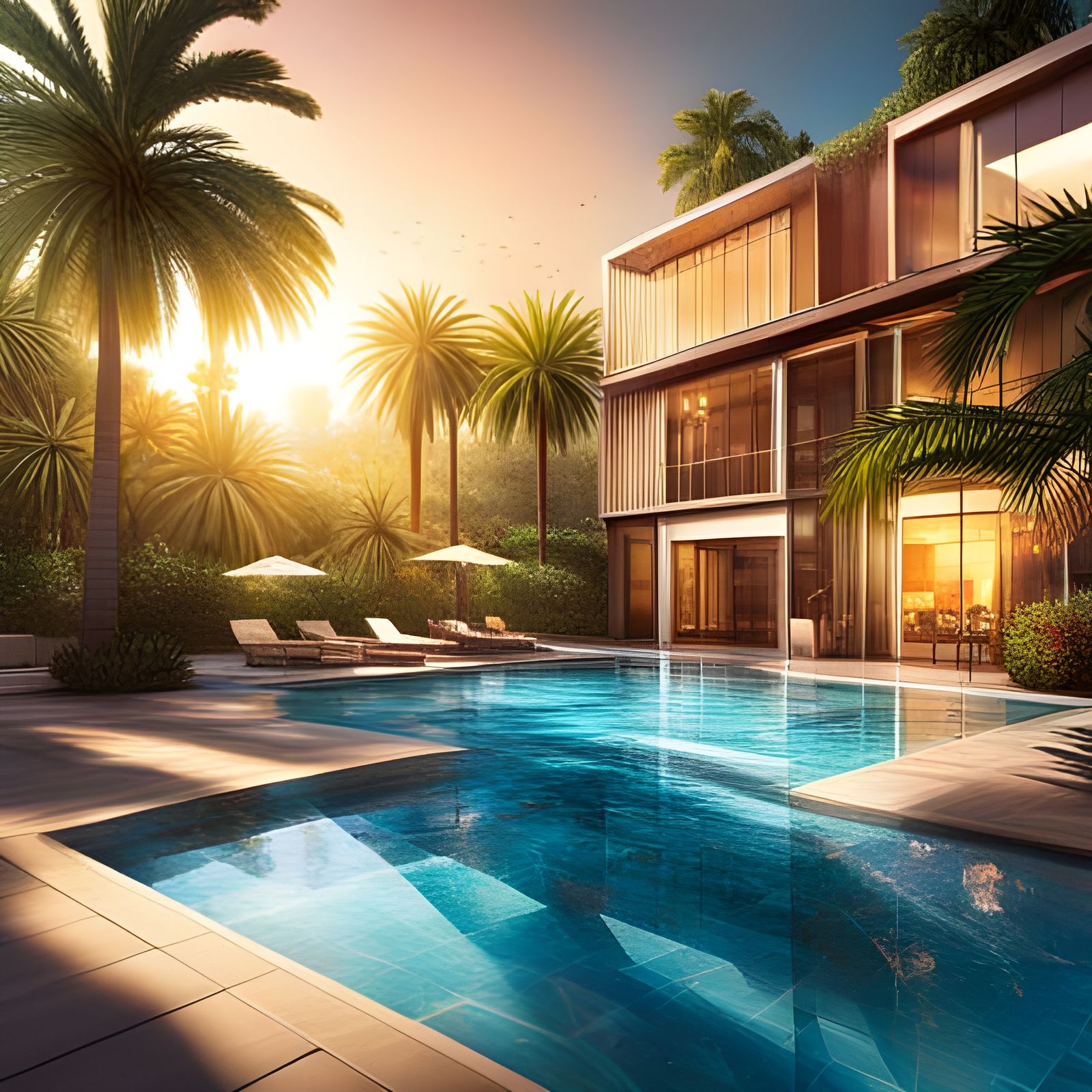 Hyperrealistic Pool Area with Palm Trees, Splash Art