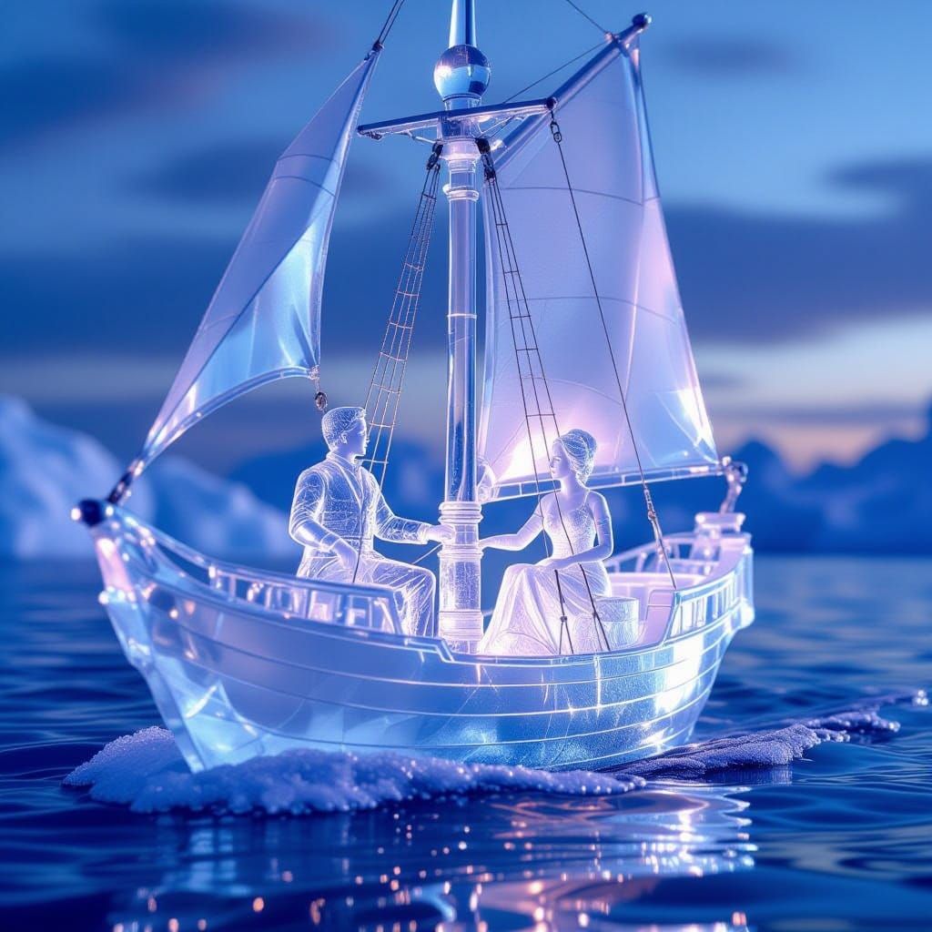 Ice Sculptures of Couple on Crystal Sailboat