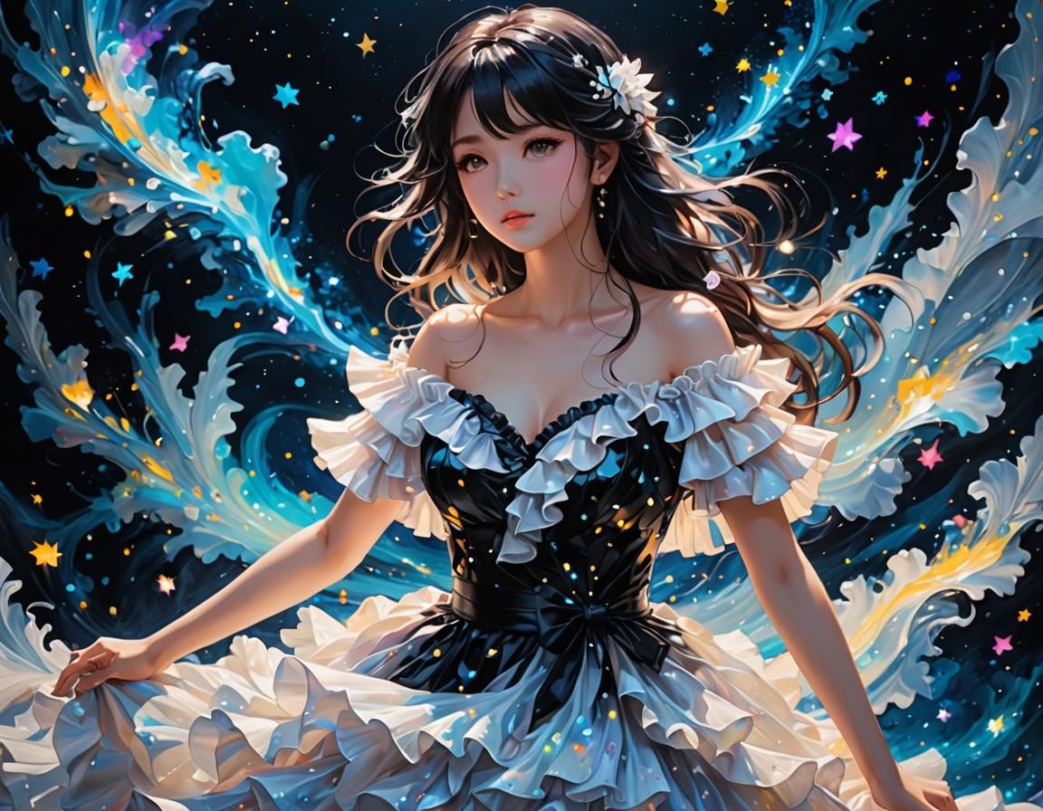 Impasto Painting: Flowing Neon Dress in Galaxy Sky