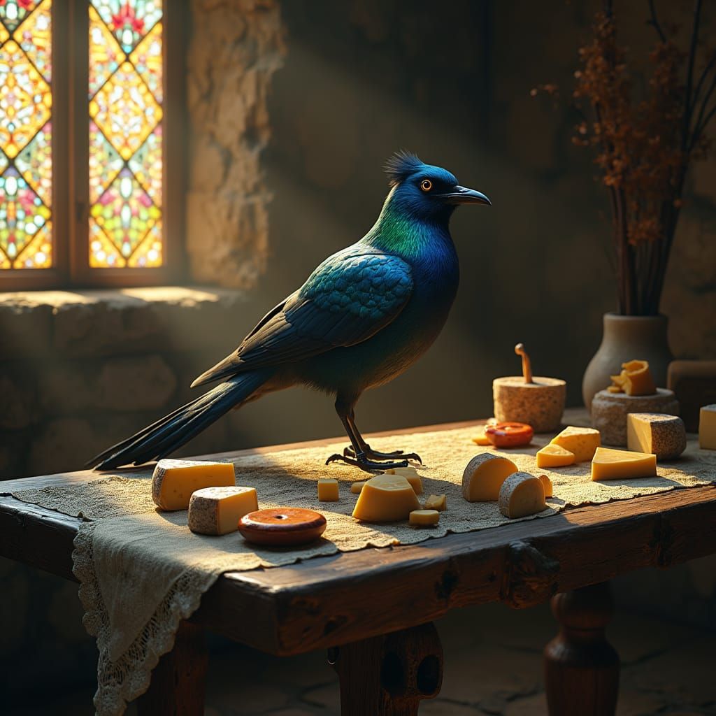 Magpie in Medieval Chamber with Cheese