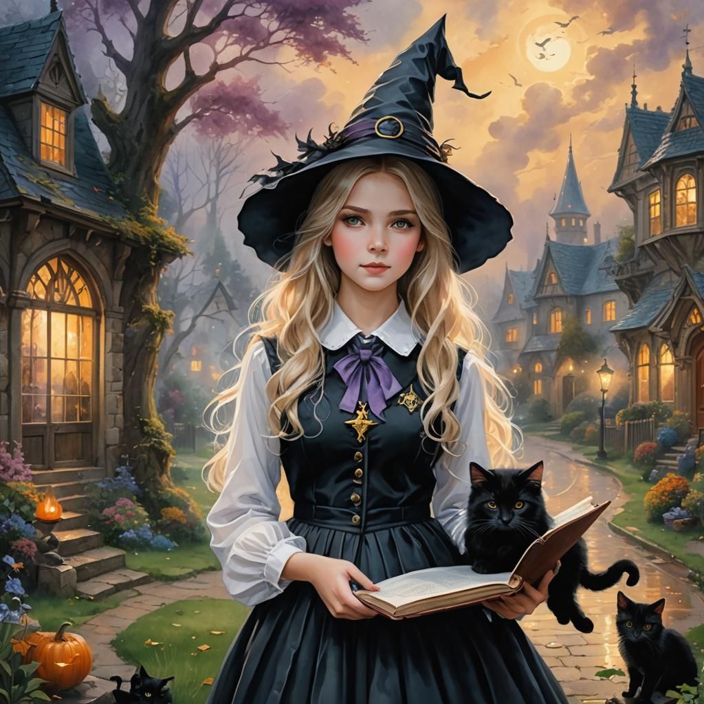 Teenage Witch at School with Kitten in Watercolour