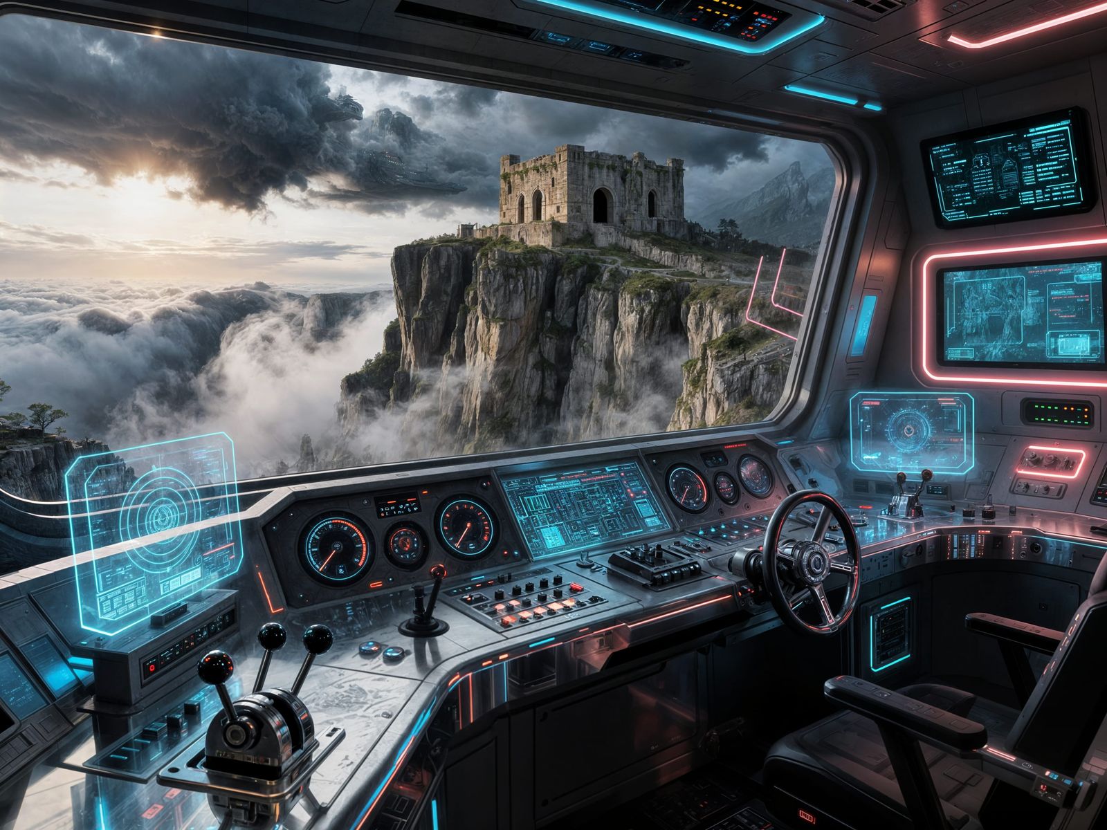 Futuristic Control Room Overlooking Misty Cliffs