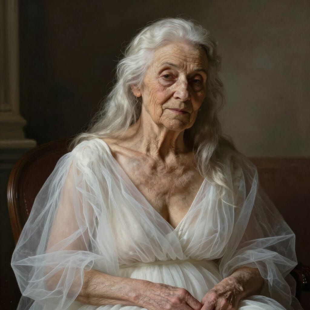 Baroque Portrait of Elderly Woman in Flowing White Dress