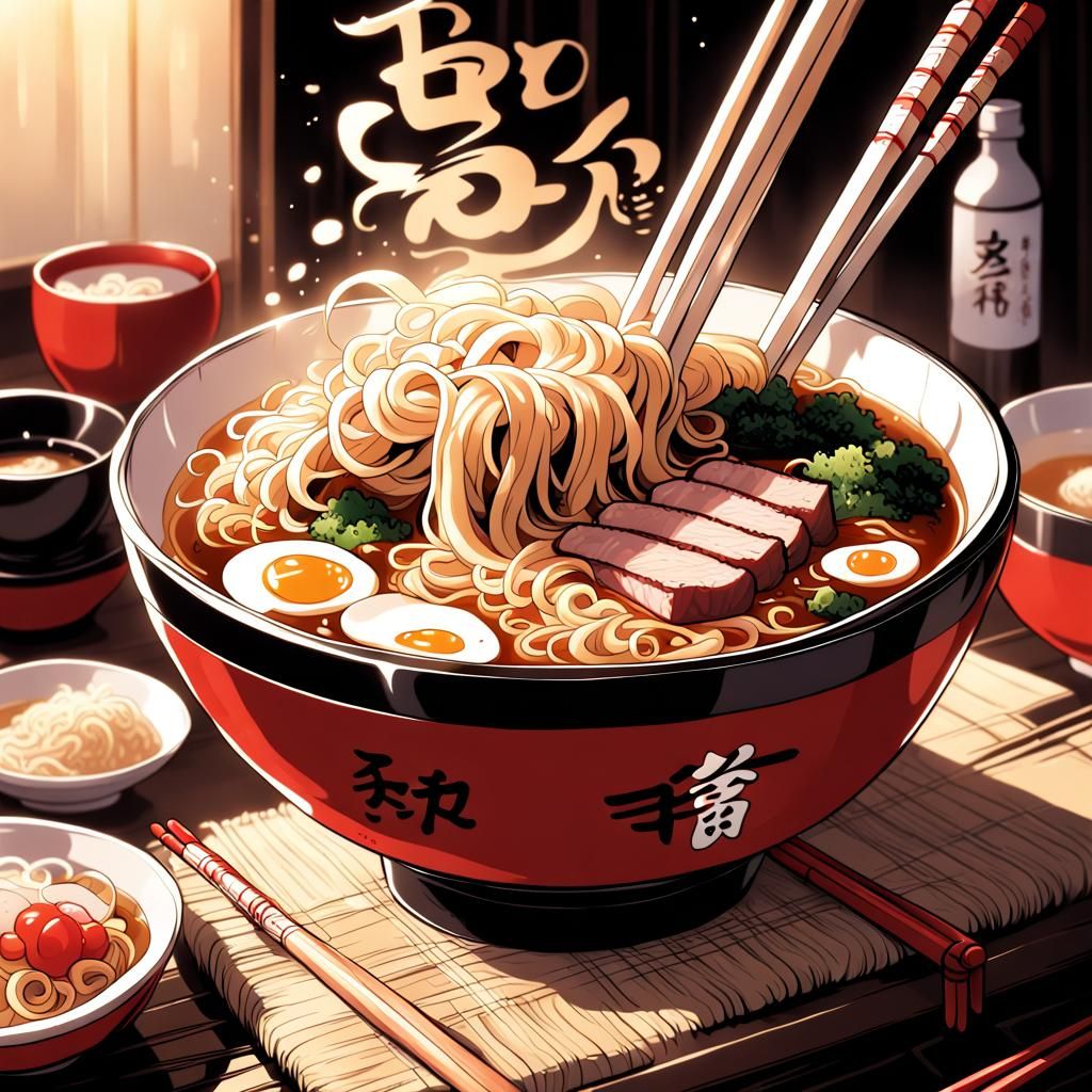 detailed bowl of ramen noodles, steamy, pork, decorative chopsticks,  by artist "anime", Anime Key Visual, Japanese Mang...
