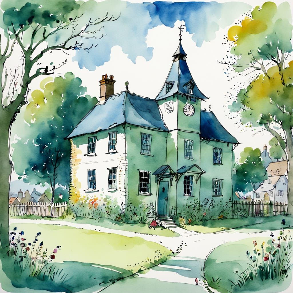 Vintage Watercolour Village Schoolhouse