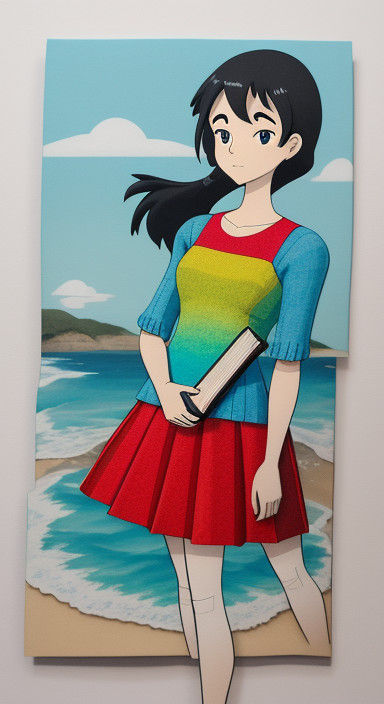 Cute Cartoon Girl in Hologram Knit Walks on the Beach