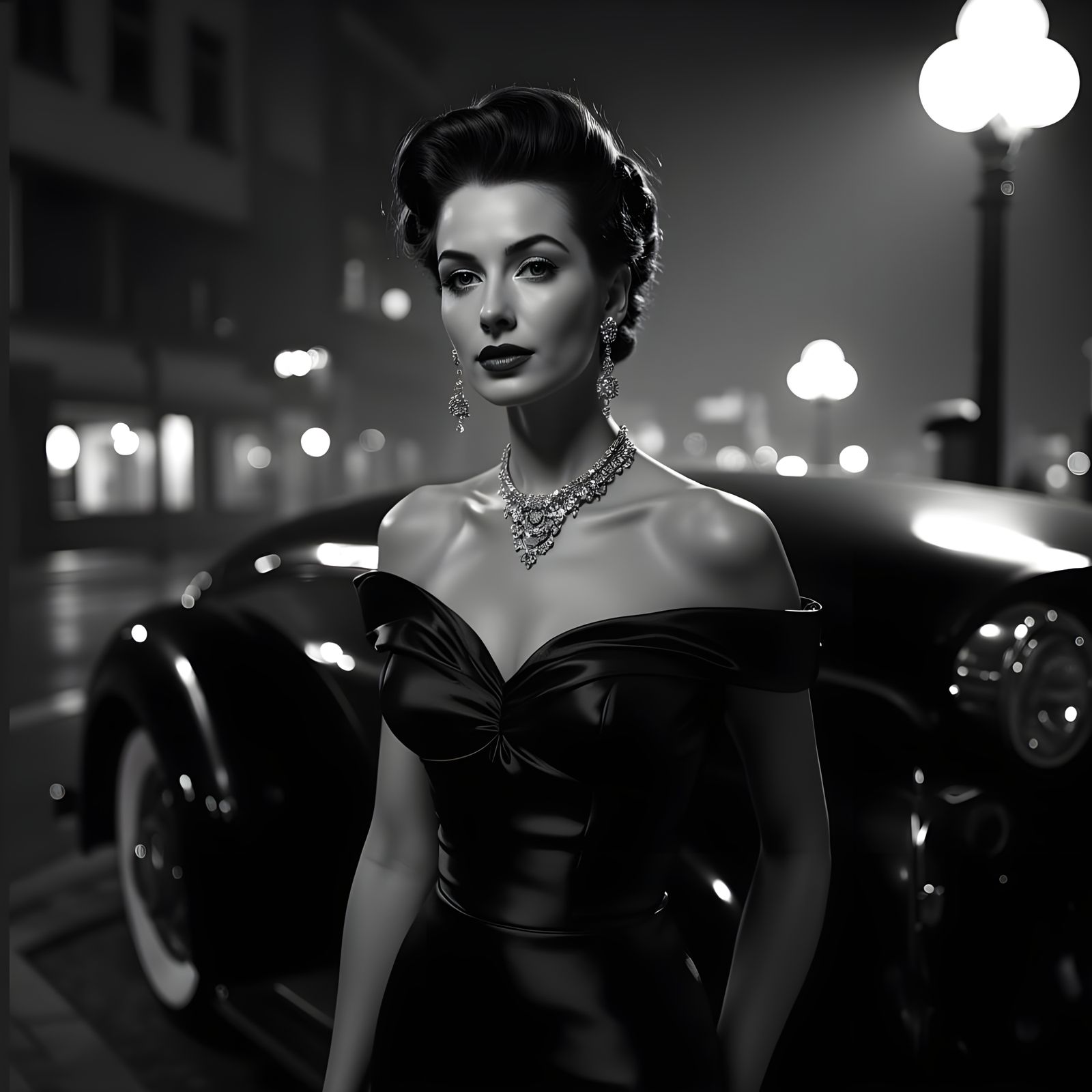 Golden Age Starlet by Limousine in Film Noir Style