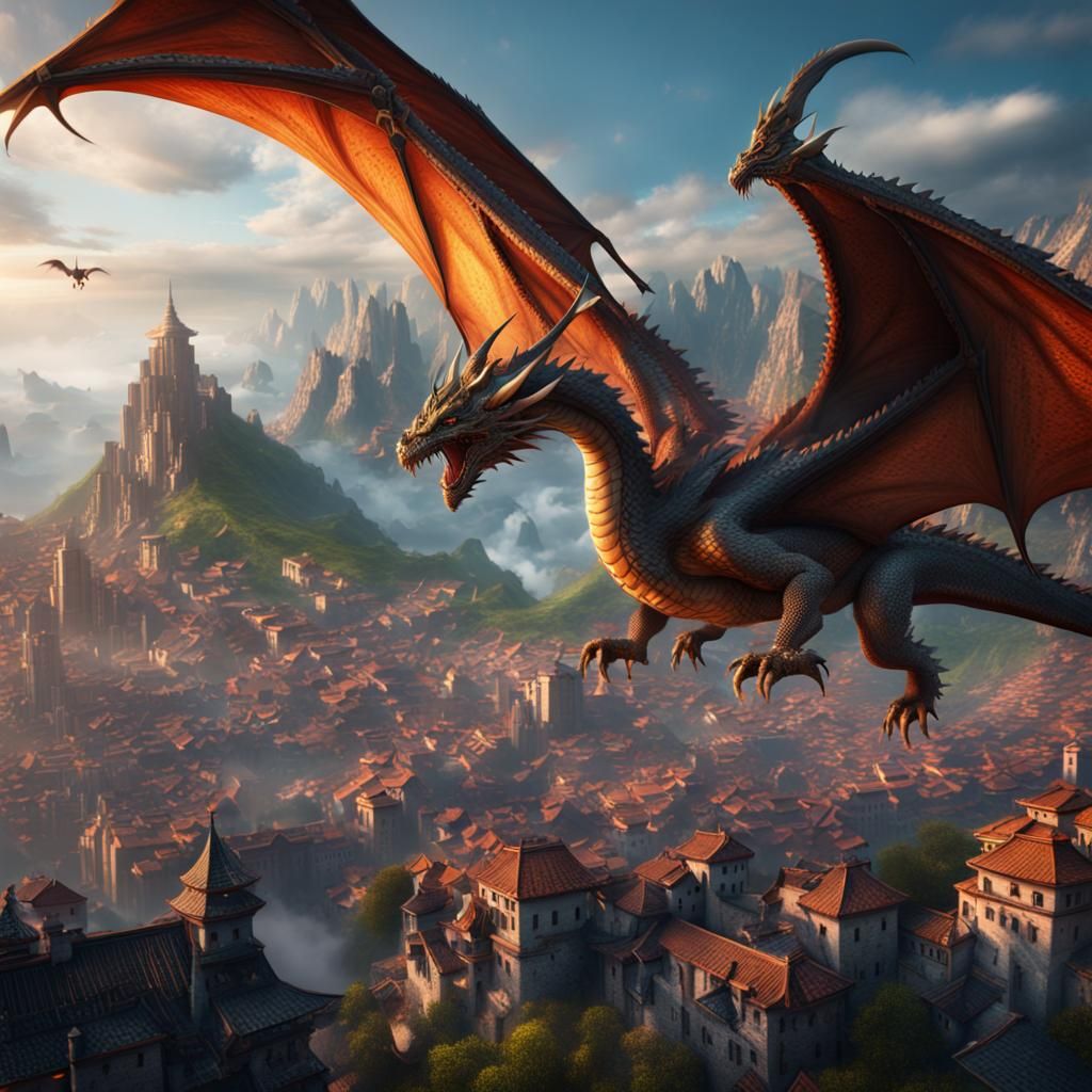 Dragon Soaring Above City: Fantasy Concept Art