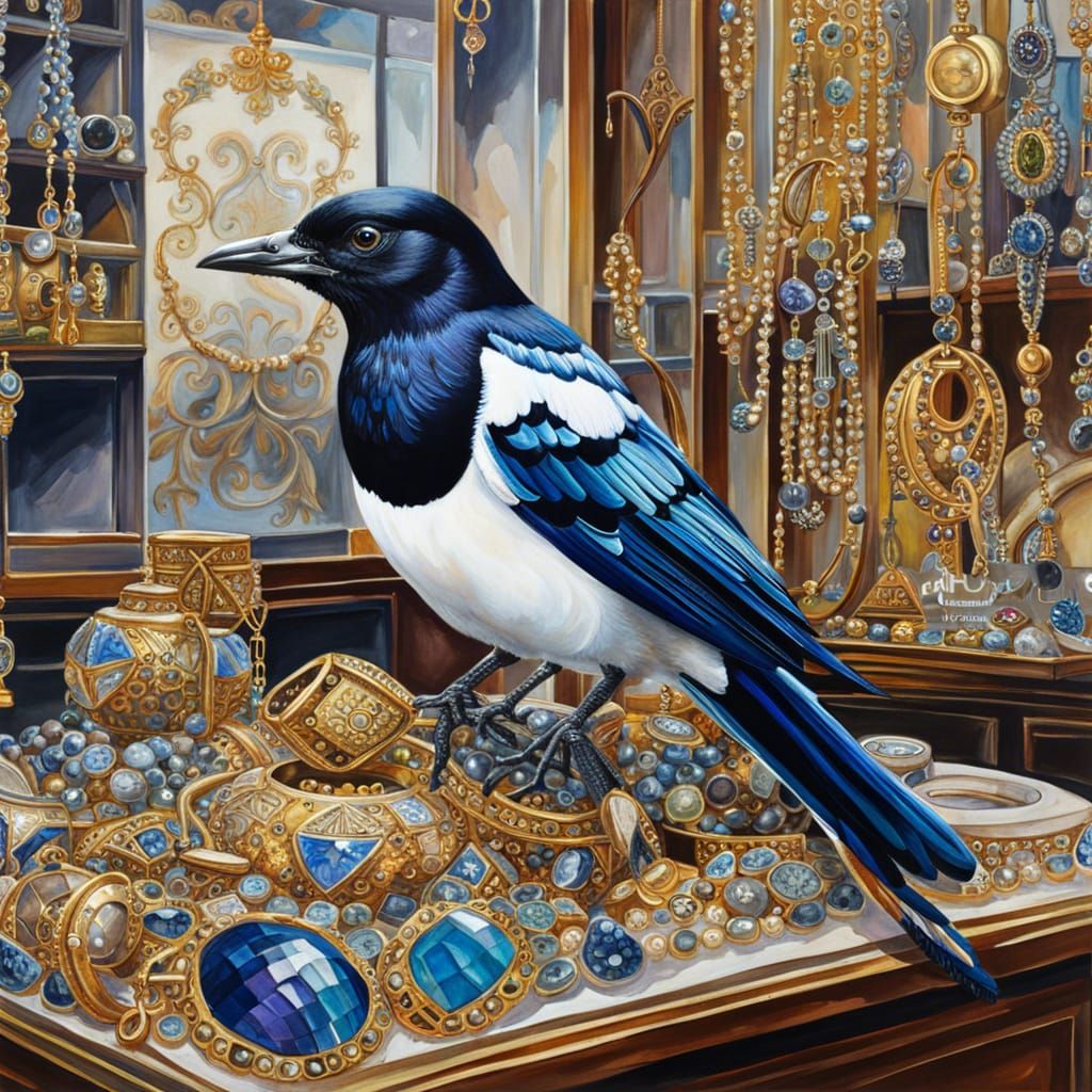 Magpie in Jewelry Store, Gouache Impressionist Painting